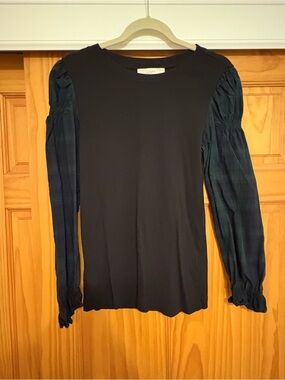 LOFT Black Knit Top with Dark Green Plaid Puff Sleeves